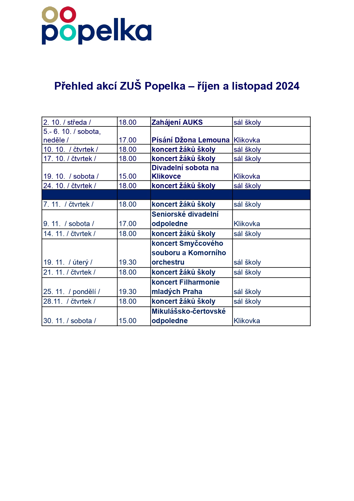 Přehled akcí ZUŠ Popelka - říjen/listopad 2024